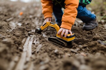 preschool kid making tracks with toy excavator on soft soil