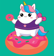 Cute chubby unicorn in the gym doing exercises, with donut vector illustration