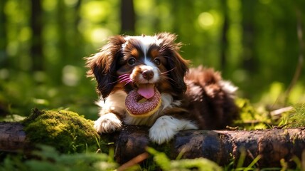 a side view of cute dog eating donut on a bright colored background_.jpg