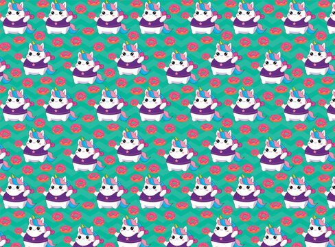 Cute chubby unicorn in the gym doing exercises, with donut vector illustration pattern