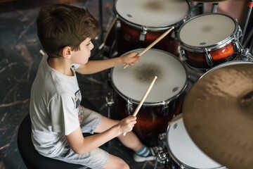 boy beating drums with sticks, foot on the pedal - obrazy, fototapety, plakaty