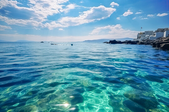 Blick auf das blaue Meer bei Santorin, Generative AI