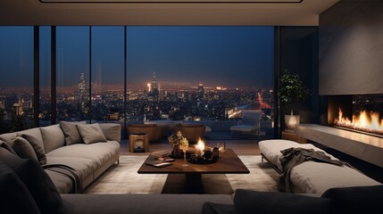 A grand luxury living room showcases sleek, minimalist design, a wall-mounted fireplace, and panoramic views of the city skyline