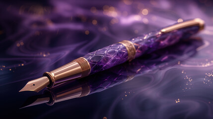 elegance gold point fountain pen on glitter glow diamond dust purple gold ink, powerful or empowerment of writing and literature or business contract theme, Generative Ai - obrazy, fototapety, plakaty