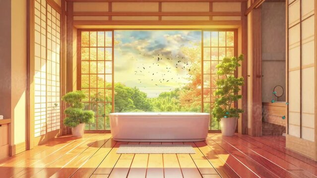 bathroom Japanese house interior in spring and mountain. Cartoon or anime watercolor digital painting illustration style. seamless looping 4k video animation background.