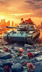 Panzer mit vielen Blumen in einer zerstörten Stadt, Generative AI - obrazy, fototapety, plakaty
