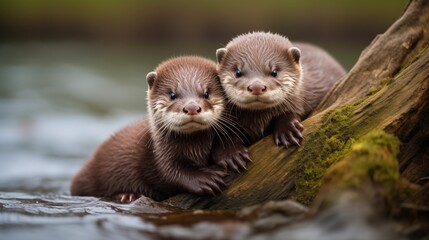 Playful otter pups cuddling on a riverbank, soft fur and sparkling eyes - obrazy, fototapety, plakaty