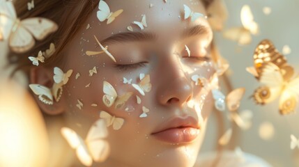 Sensitive portrait of a young woman with a butterfly flying around her face. Beautiful face with butterflies in light colors