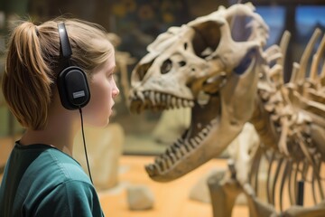 Fototapeta na wymiar teen wearing audio guide at a stone age skeleton exhibit