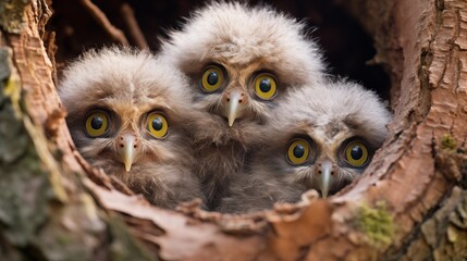 Tiny owl chicks peeking out from their hollow nest in a towering tree, fluffy feathers and wide eyes