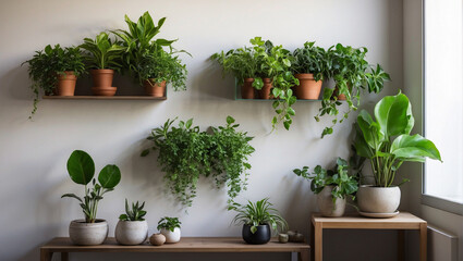 green houseplants in flowerpots stand near the wall