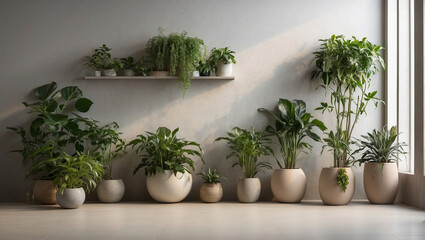 green houseplants in flowerpots stand near the wall
