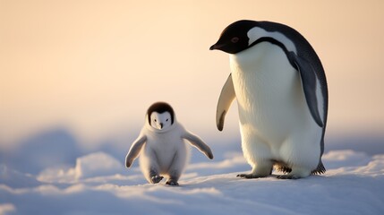 Penguin chick waddling with its parent on an icy tundra, fluffy feathers and clumsy steps - obrazy, fototapety, plakaty