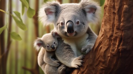 Obraz premium Fluffy koala joey clinging to its mother's back as they climb a eucalyptus tree, sleepy eyes and soft fur