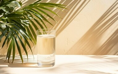 Glass of water, palms leaves. Long harsh shadows. Beige table background in sunlight. Blank business, greeting card, invitation mockup scene. Summer tropical stationery still life scene. AI Generative