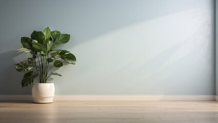  a houseplant stands on the floor near the window. Minimalism. The sun's rays reflect on the wall