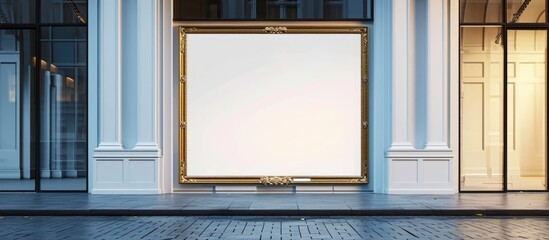 Blank poster on glass door with golden frame in hotel or office building exterior.