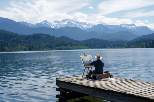 artist painting landscape sitting at end of pier, mountain lake scene