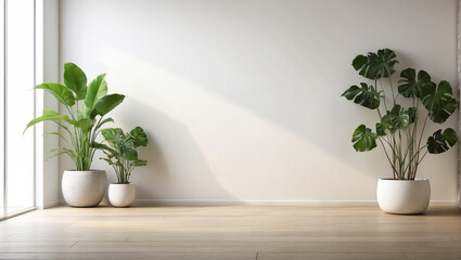  a houseplant stands on the floor near the window. Minimalism. The sun's rays reflect on the wall