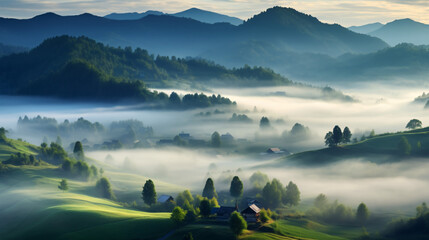 Foggy summer morning in the Carpathian mountains