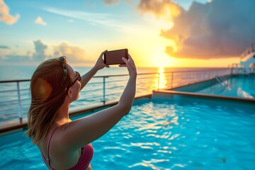 solo traveler taking a selfie by cruise pool at sunset