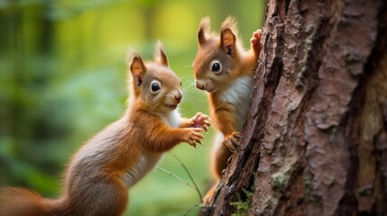 Playful squirrel kittens chasing each other around a tree trunk, bushy tails flicking and excited chirps