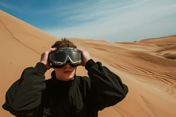Foto op Canvas man adjusting goggles, ready to descend dune © studioworkstock
