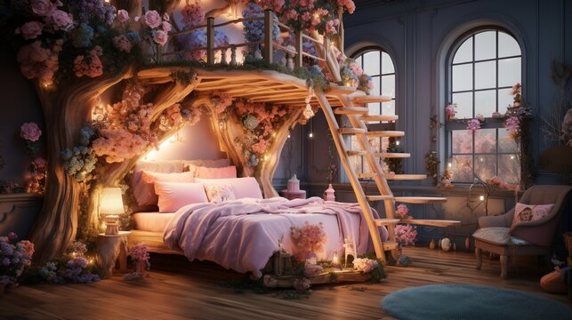 A kids' bedroom designed with an enchanted garden theme, complete with a treehouse bed, fairy lights, and whimsical floral decor