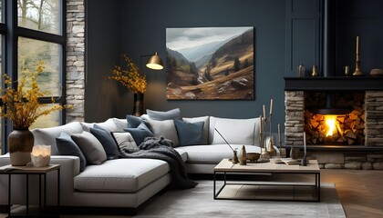 Elegant Modern Living: Ivory Sofa and Slate Grey Fireplace in a Contemporary Living Room