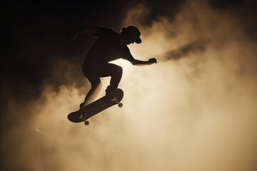 backlit figure of skateboarder in dusty air, midjump