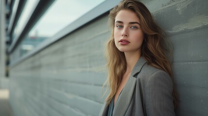 Fototapeta premium Portrait of a blonde businesswoman wearing a blazer leaning against a wall and looking sideways at the camera. Traveling to the office, independent, confident woman. Created with Generative AI.