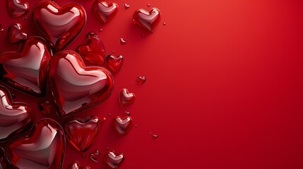 Coeurs 3D brillants de différentes tailles sur fond dégradé rouge profond parfaits pour les thèmes de la Saint-Valentin