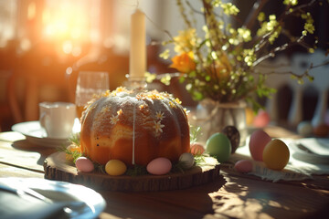 Obraz na płótnie Canvas cozy festive easter lunch in rustic style, backlight. easter eggs, traditional easter cake with candle, sun and shadow.selective focus