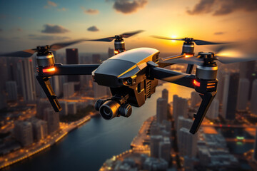 Drone with digital camera flying over the city. Aerial photography, drone technology