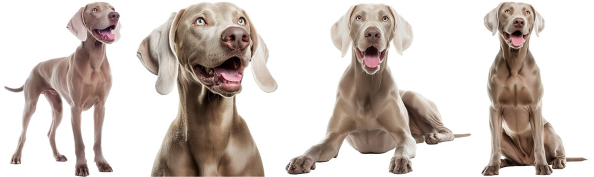 Happy weimaraner dog collection, portrait, sitting, lying and standing, isolated on a transparent background