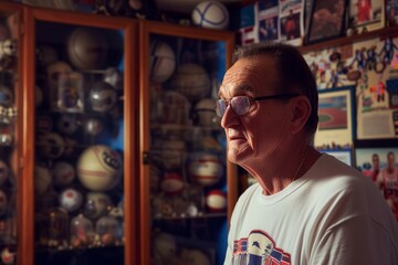 man with collection of sports memorabilia background
