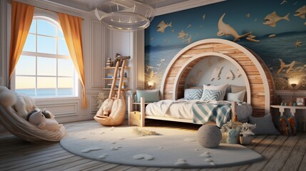 A kids' bedroom inspired by the ocean, featuring a lighthouse bed, beachy decor, and seashell collections