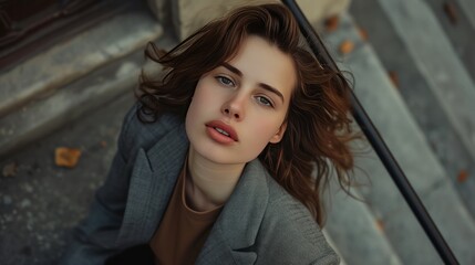 Drone point of view of a brown-haired businesswoman looking up. A businesswoman with stairs in the background on a random street. Independent woman, confident. Created with Generative AI.