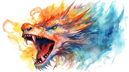 A vibrant watercolor painting of a roaring dragon