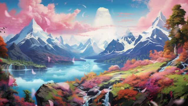 Mountain Euphoria: Cherry Blossoms Bloom against a Frosty Background, Creating a Cheerful Spring Scene. Animated fantasy background, watercolor painting illustration style, seamless looping 4K video