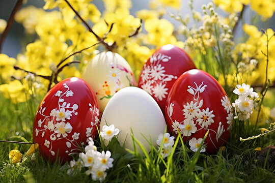 Easter eggs nestle in lush green grass against a serene white floral backdrop, creating a charming and tranquil setting that embodies the essence of springtime and renewal