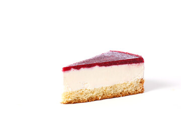 Slice of Cheesecake With a Red Fruit Glaze on a White Background