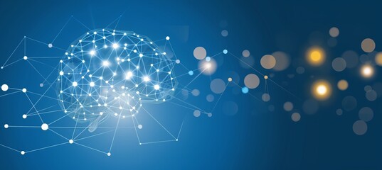 Futuristic humanoid head with neon neural network and blue and yellow eyes on pastel background