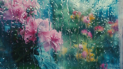 A banner capturing the first spring rain, with raindrops on a window overlooking a blooming garden, providing a reflective area for text 