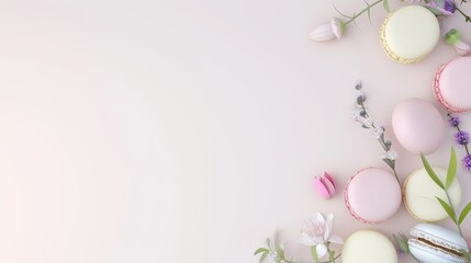 Fototapeta na wymiar A minimalist banner of pastel-colored spring macarons arranged in a corner, leaving a vast space on a light background for text 