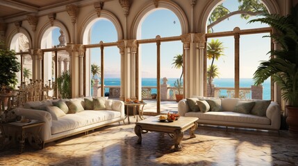 A luxurious living room with a Mediterranean influence boasts ornate columns, mosaic tile floors, and a view of a private garden