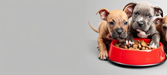 Adorable puppies eagerly gathered for a meal, domestic pets bliss, breed nutrition background