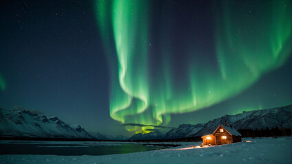 northern lights over snow-covered mountains