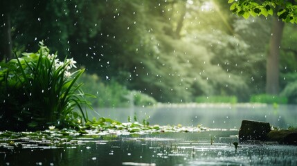 An image capturing the moment of a spring shower, with raindrops falling into a tranquil pond, and ample space around for customization