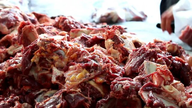 Piles of cow meat from halal slaughtering during Eid Al-Adha. The Feast of Sacrifice or Idul Qurban. 4k video.